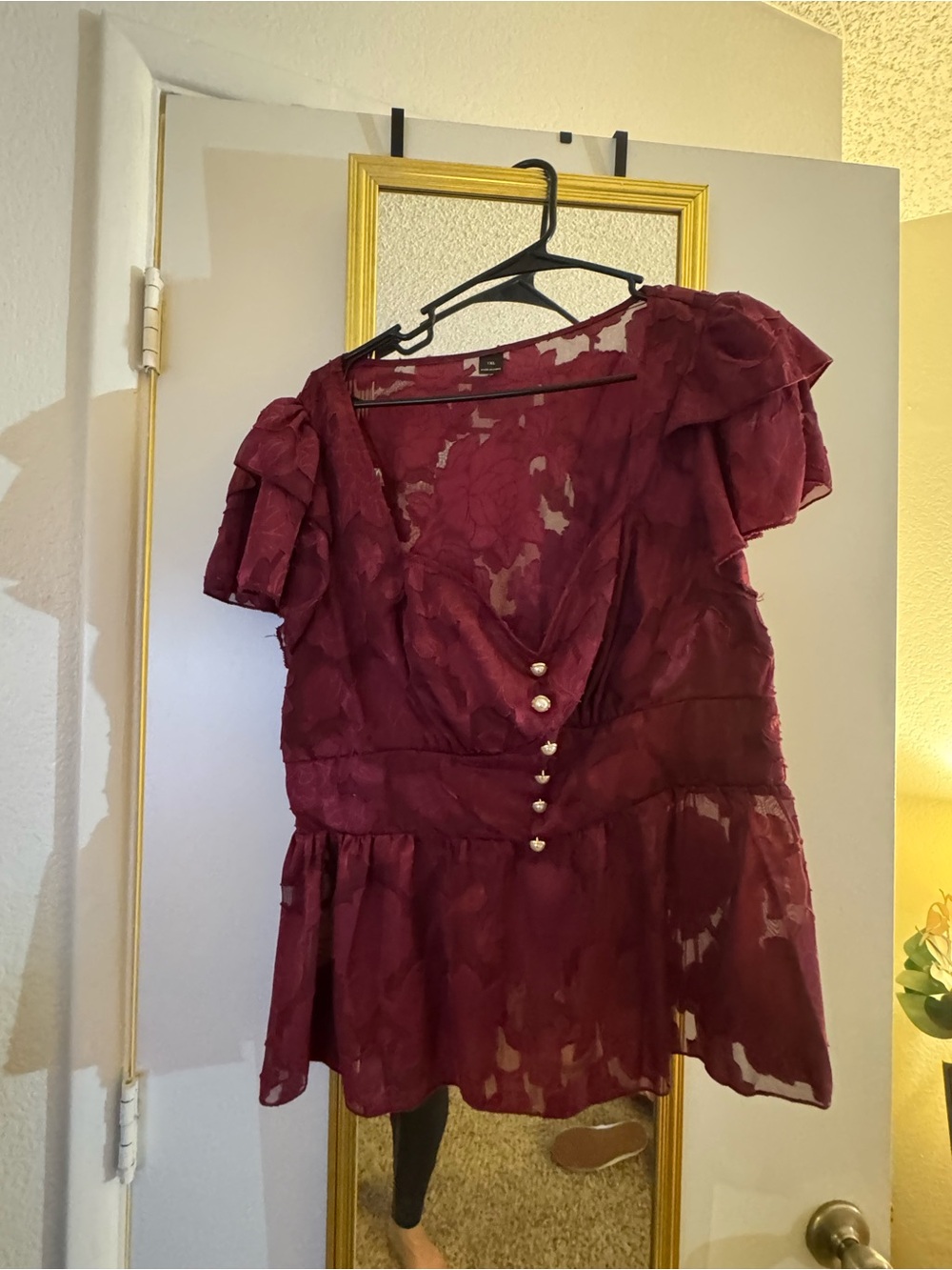 SHEIN Burgundy Ruffle Sleeve Peplum Top